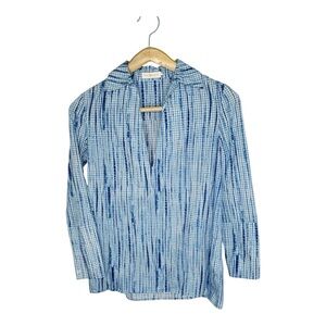Tory Burch Popover Blouse Size 2 Blue Grid Ikat Print Coastal Prep Barrel Cuffs